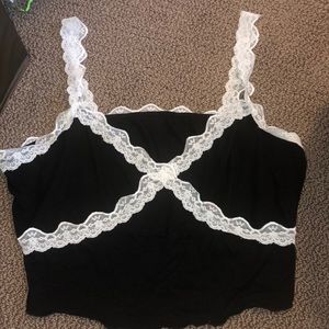 black cropped tank top with white lace trim and straps, 2xl